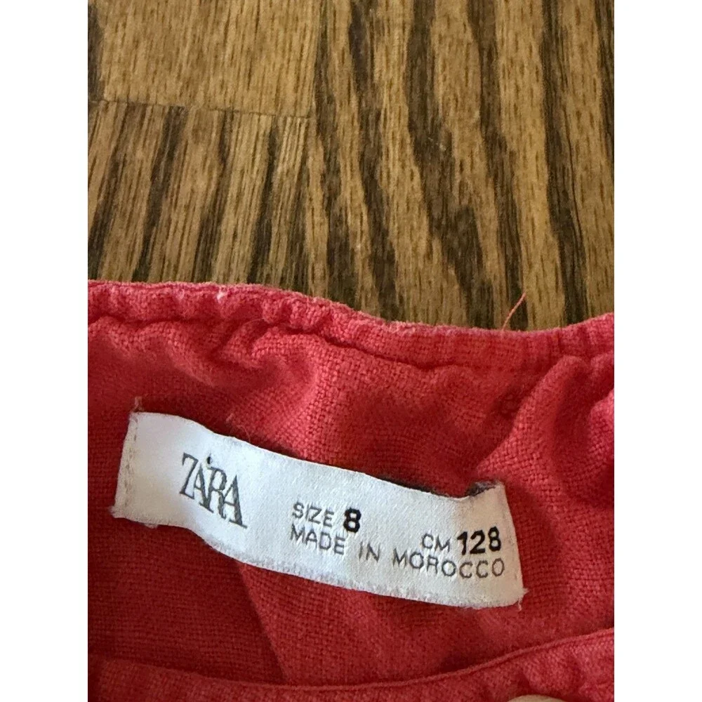 Zara Kids Girls 100% Linen Red Romper Size 8 Pockets‎ Summer Beach Adjustable